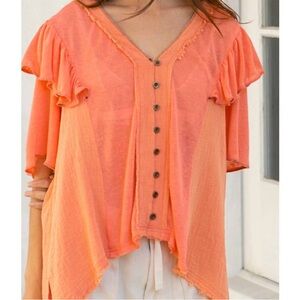 POL Hannah Coral Button Down Ruffle Top with High-Low Hem